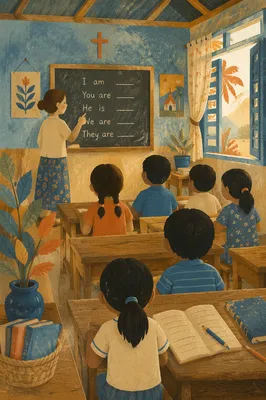 Overseas Mission English Classroom with Warm Light