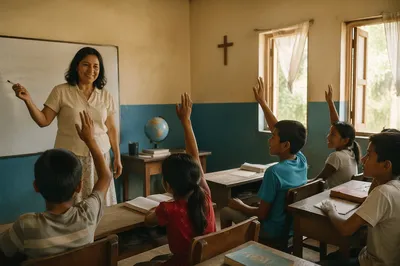 English Lesson in Bright Modest Classroom