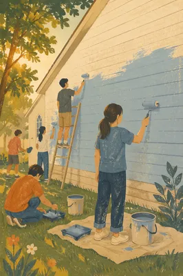 Teen Volunteers Repainting Church Hall Exterior
