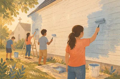 Teen Volunteers Repainting Church Hall Wall