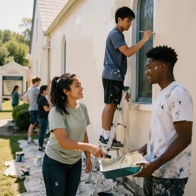 Teenagers Repainting Neighborhood Church Exterior
