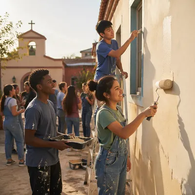 Teen Volunteers Painting Building Exterior Together