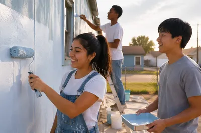 Teenagers Painting Neighborhood Building Together