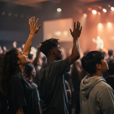 Teenagers Raising Hands in Auditorium