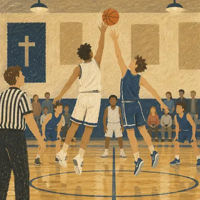 Teen Basketball Jump Ball in Church Gym