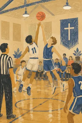 Teen Basketball Jump Ball in Church Gym