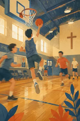 Teen Basketball Layup in Church Gym