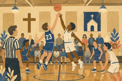 Teen Basketball Jump Ball in Church Gym