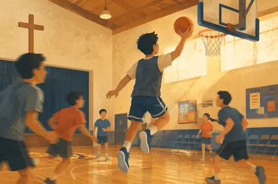Teen Basketball Layup in Church Gym