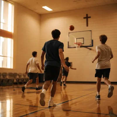 Teenagers Playing Basketball in Church Gym