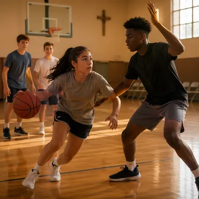 Teenagers Playing Basketball in Church Gym
