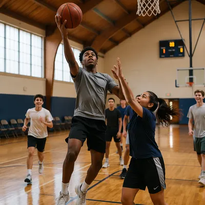 Teenagers Playing Basketball in Church Gym