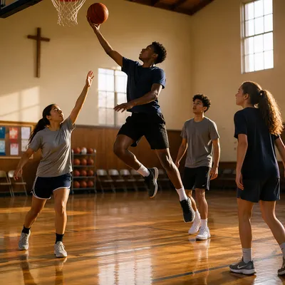 Teenagers Playing Basketball in Church Gym