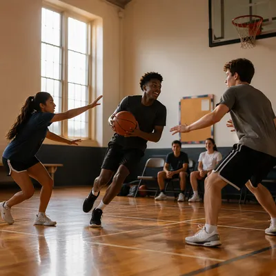 Teenagers Playing Basketball in Church Gym