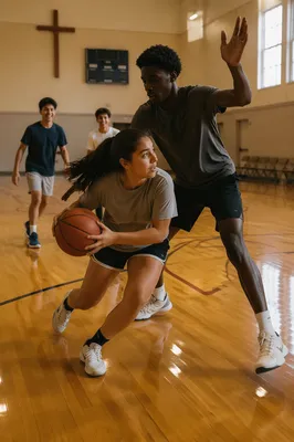Teenagers Playing Basketball in Church Gym