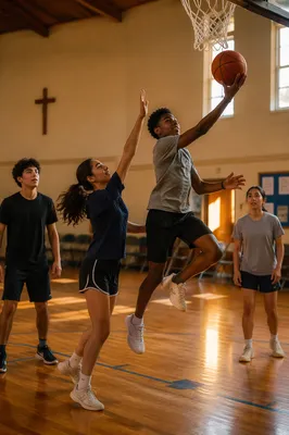 Teenagers Playing Basketball in Church Gym