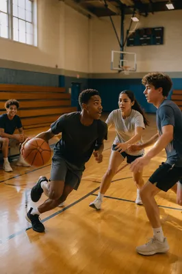 Teenagers Playing Basketball in Church Gym
