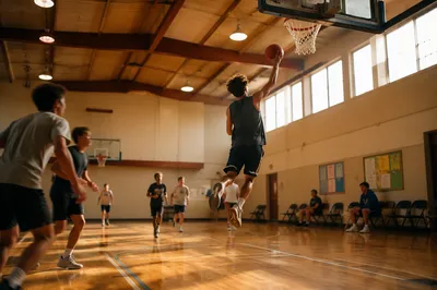 Teen Basketball Layup in Church Gym