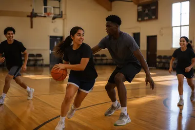 Teenagers Playing Basketball in Church Gym