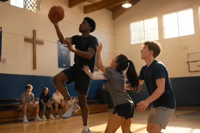 Teenagers Playing Basketball in Bright Gym