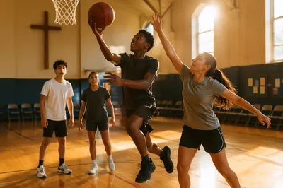 Teenagers Playing Basketball in Church Gym