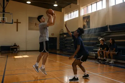 Teenagers Playing Basketball in Church Gym