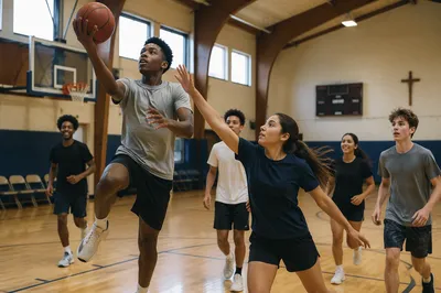 Teenagers Playing Basketball in Church Gym