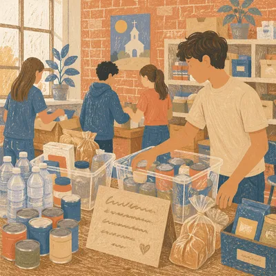Teen Volunteers Sorting Donations at Church Pantry