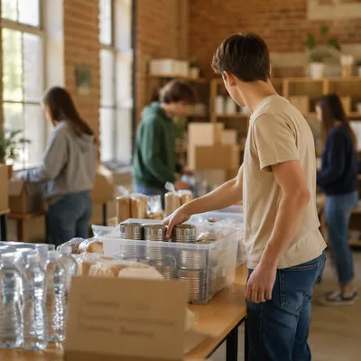 Teen Volunteers Sorting Donations at Church Pantry