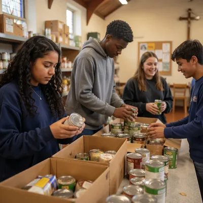 Teen Volunteers Sorting Canned Food Donations
