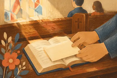 Offering Envelope on Open Bible in Pew