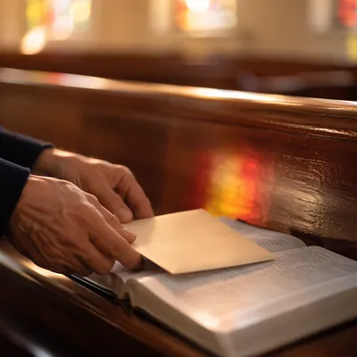 Offering Envelope on Open Bible in Pew