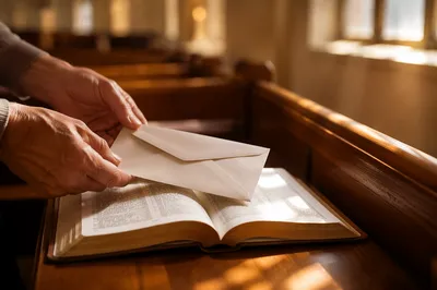 Tithe Envelope on Open Bible in Church
