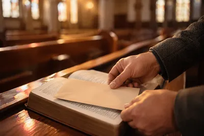 Tithe Envelope Resting on Open Bible