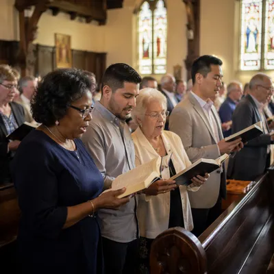 Congregation Singing in Wooden Church Interior