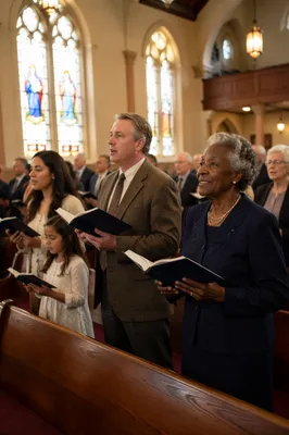 Church Congregation Singing from Open Hymnals