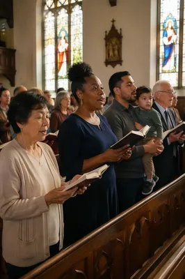Congregation Singing Hymns in Church Sanctuary