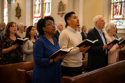 Congregation Singing Hymns in Church Sanctuary