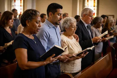 Congregation Singing Hymns in Historic Church