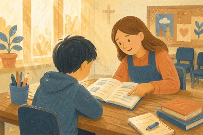 Church Volunteer Helping Child With Tutoring