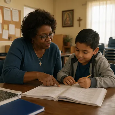 Church Volunteer Helping Child With Homework