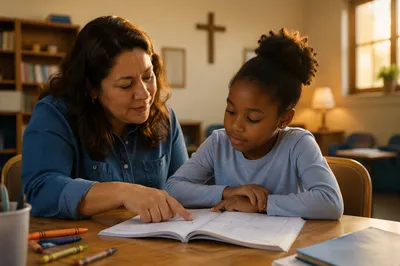 Volunteer Tutoring Child in Community Classroom