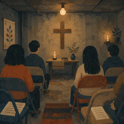 Humble Underground Church Room with Wooden Cross