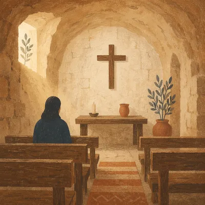 Quiet Underground Church Room with Cross