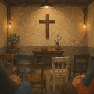 Quiet Underground Church Room with Wooden Cross