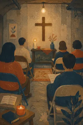 Humble Underground Church Room with Wooden Cross