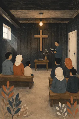 Humble Underground Church Room with Wooden Cross