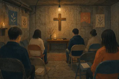 Humble Underground Church Room with Wooden Cross