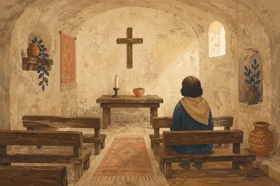 Quiet Underground Church Room with Wooden Cross