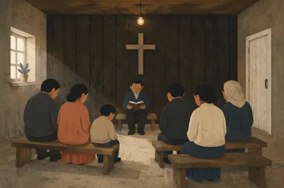 Humble Underground Church Room with Wooden Cross